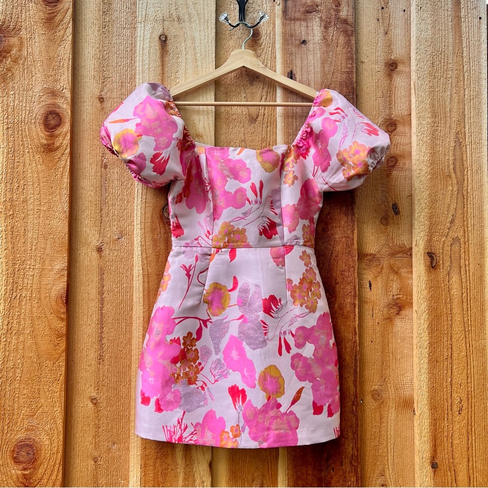 Pink and Orange Multi Floral Jacquard Puff Sleeve Mini Dress - Picture 5 of 11